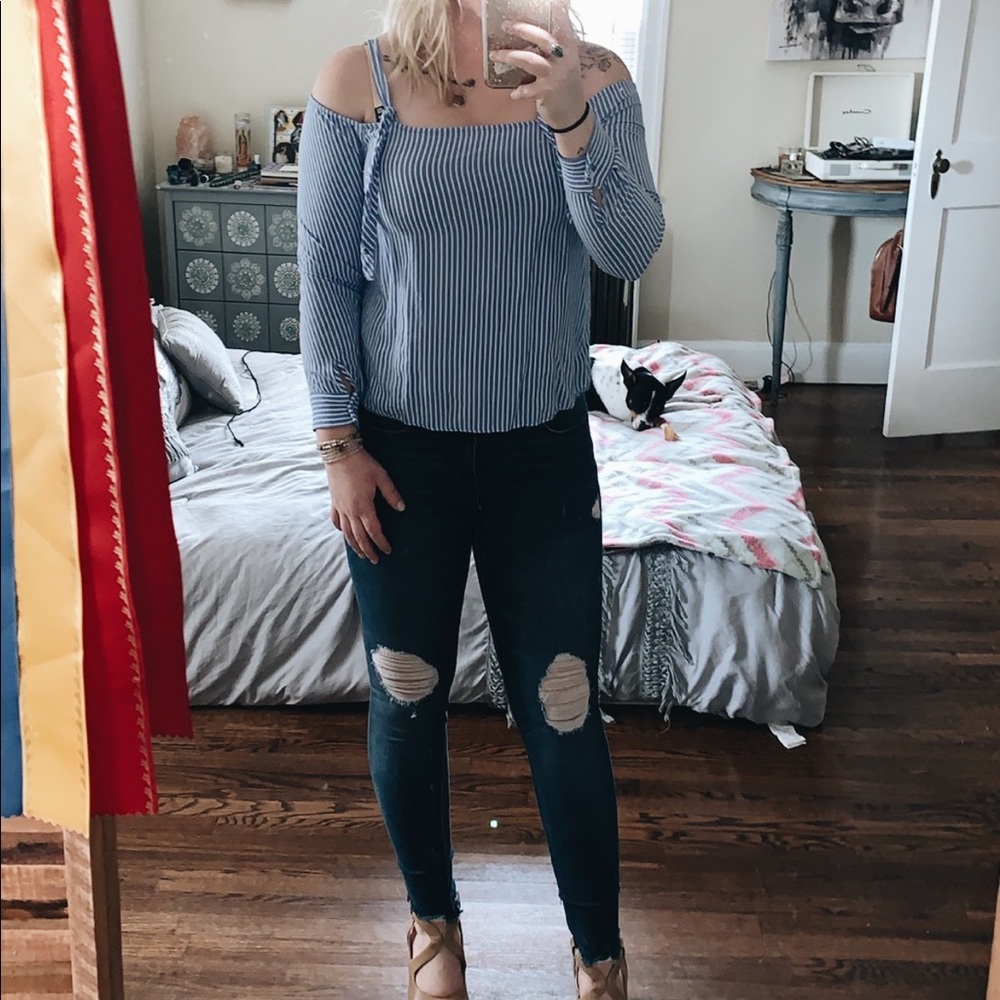 Pinstripe Forever 21 Off The Shoulder Shirt